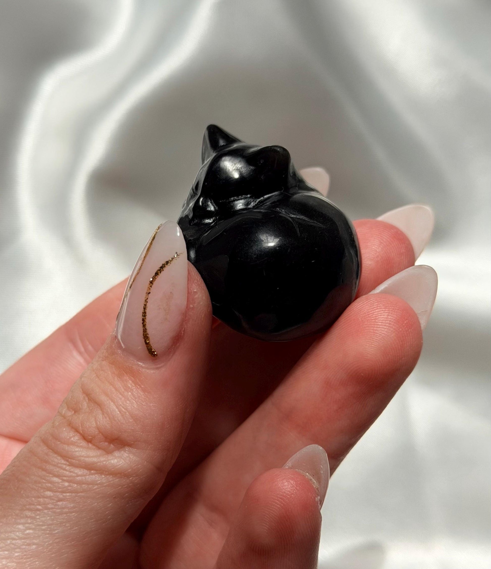 One (1) Silver Sheen Obsidian Sleeping Cat Carving | Obsidian Cat | Black Obsidian Feline