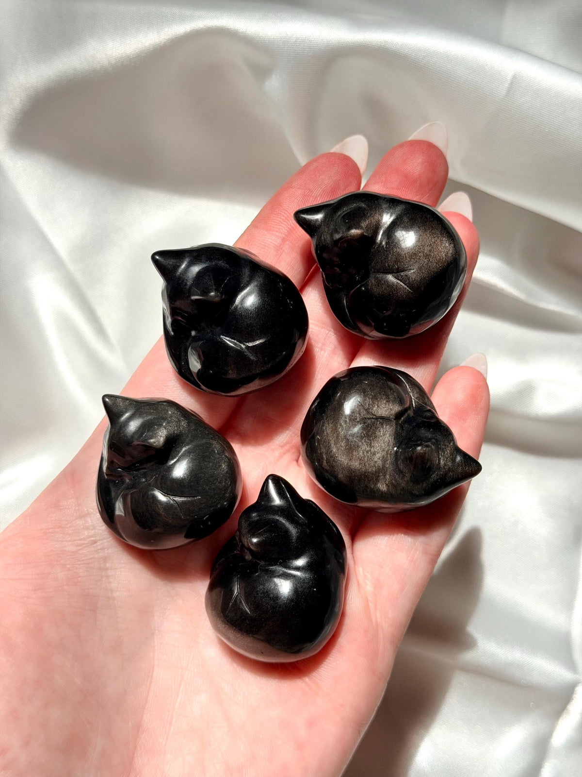 One (1) Silver Sheen Obsidian Sleeping Cat Carving | Obsidian Cat | Black Obsidian Feline