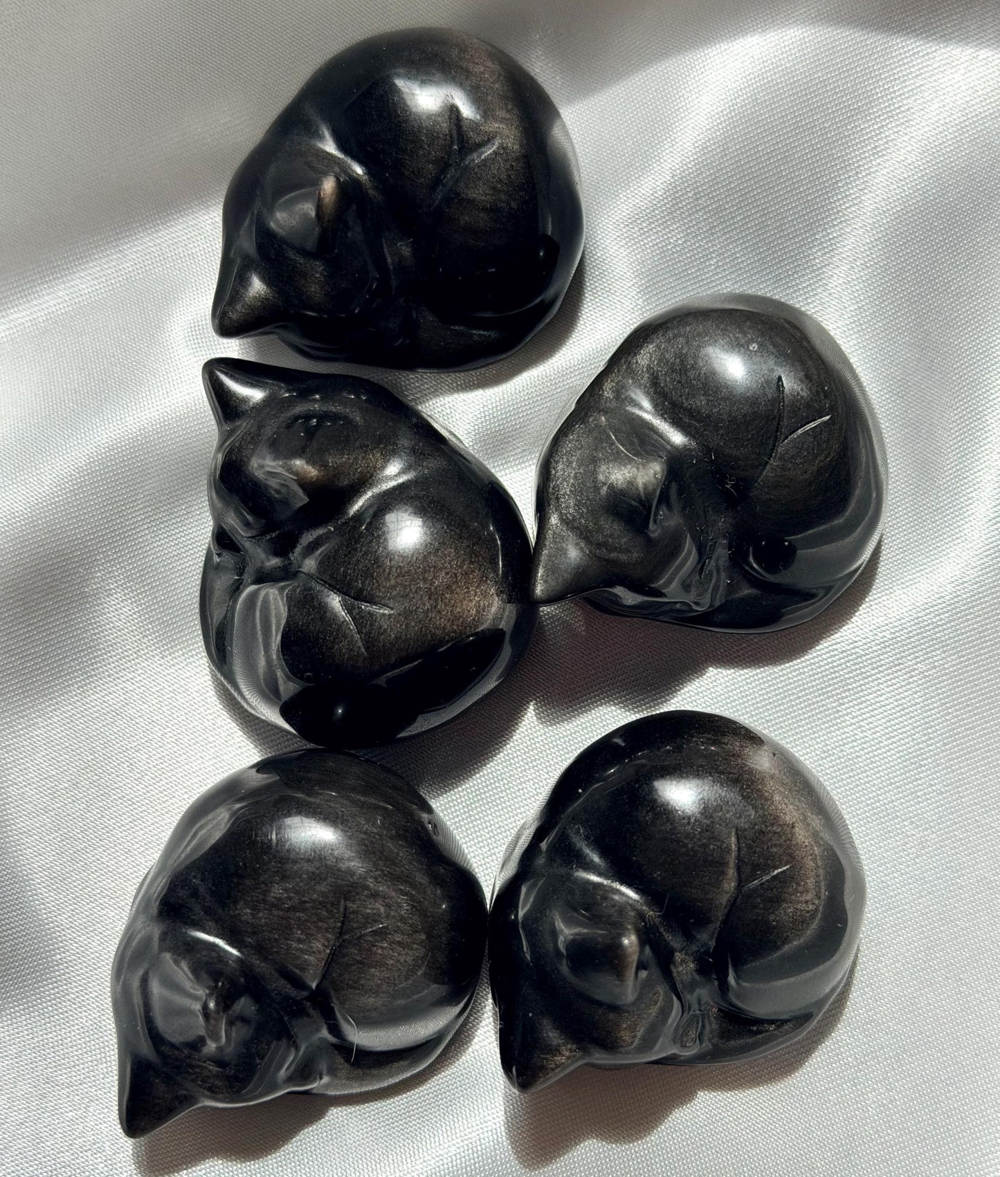 One (1) Silver Sheen Obsidian Sleeping Cat Carving | Obsidian Cat | Black Obsidian Feline