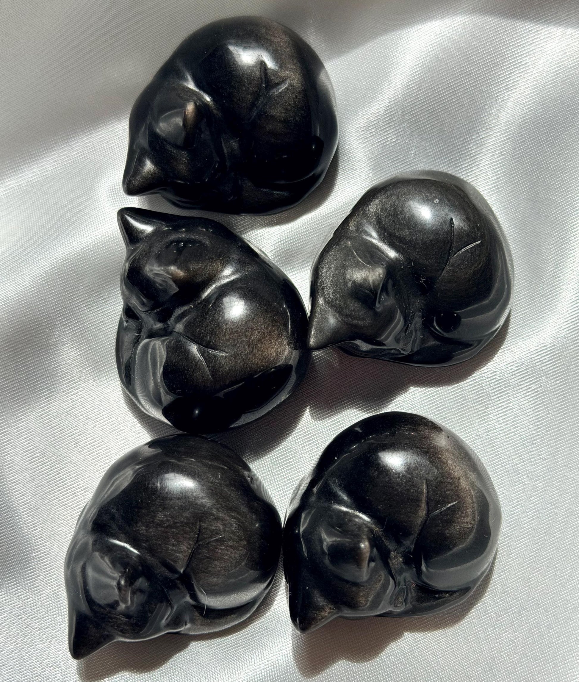 One (1) Silver Sheen Obsidian Sleeping Cat Carving | Obsidian Cat | Black Obsidian Feline