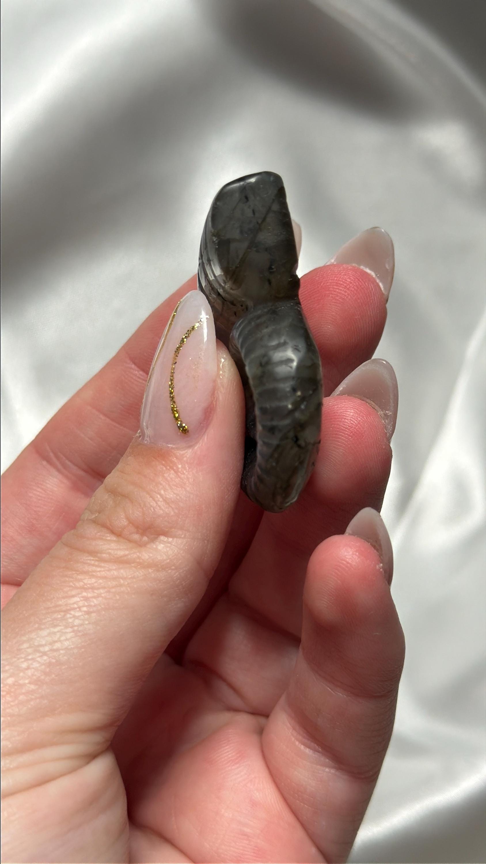 Flashy Labradorite Ammonite Carving | Blue Green Flash Crystal Fossil | Madagascar Labradorite Shell