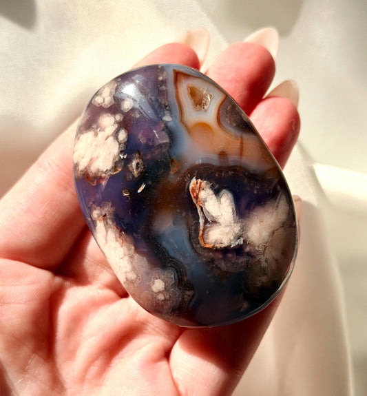 Blue Flower Agate Palm Stone | Natural Blue Flower Agate Crystal | Healing Crystal for Calm & Growth | Meditation Worry Stone