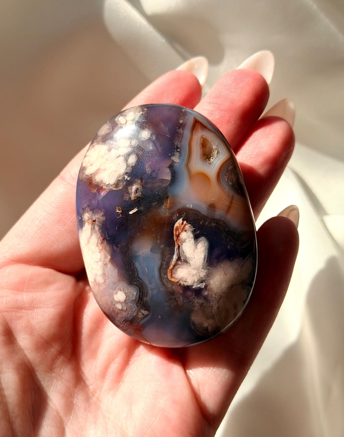 Blue Flower Agate Palm Stone | Natural Blue Flower Agate Crystal | Healing Crystal for Calm & Growth | Meditation Worry Stone