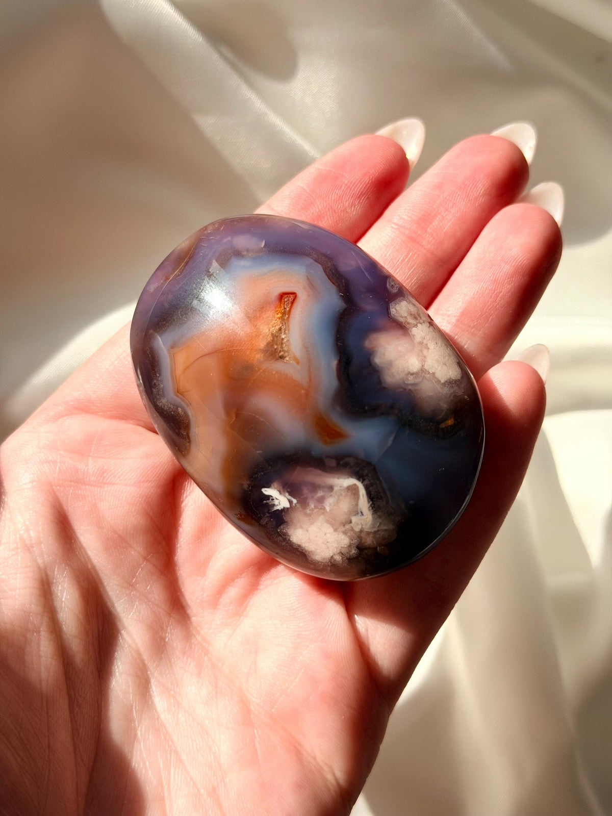 Blue Flower Agate Palm Stone | Natural Blue Flower Agate Crystal | Healing Crystal for Calm & Growth | Meditation Worry Stone