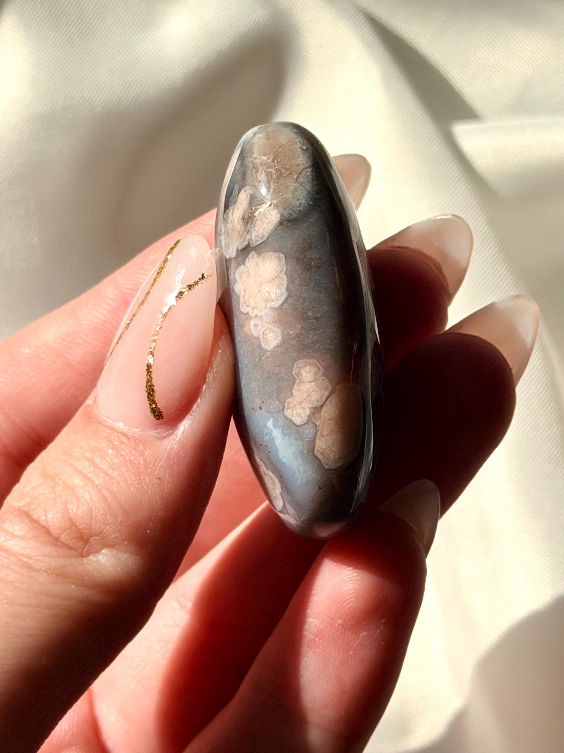 Blue Flower Agate Palm Stone | Natural Blue Flower Agate Crystal | Healing Crystal for Calm & Growth | Meditation Worry Stone