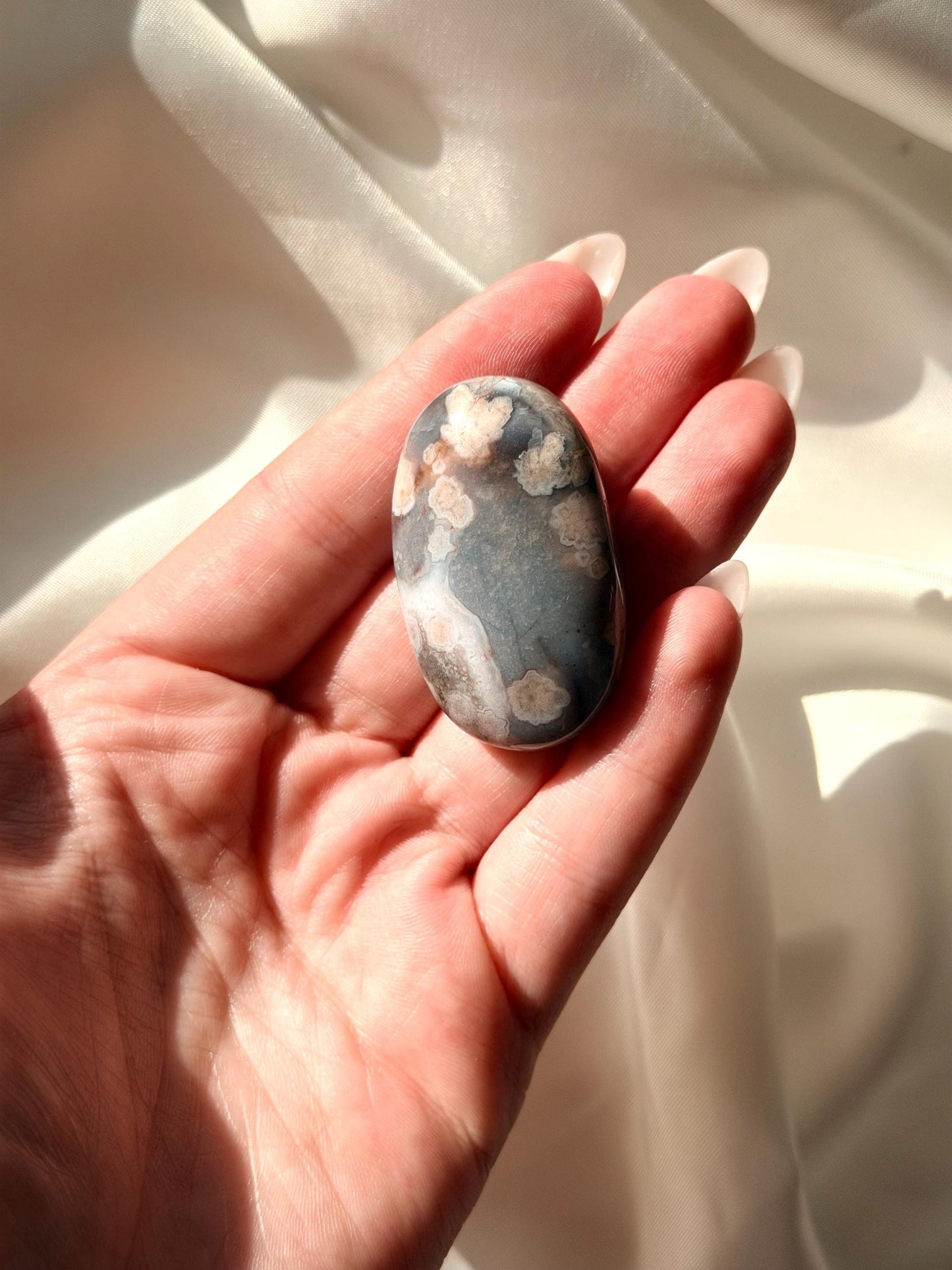 Blue Flower Agate Palm Stone | Natural Blue Flower Agate Crystal | Healing Crystal for Calm & Growth | Meditation Worry Stone