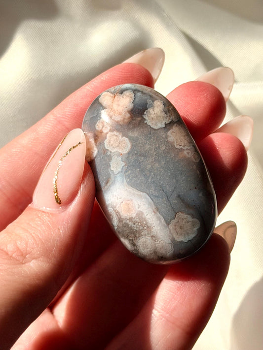 Blue Flower Agate Palm Stone | Natural Blue Flower Agate Crystal | Healing Crystal for Calm & Growth | Meditation Worry Stone