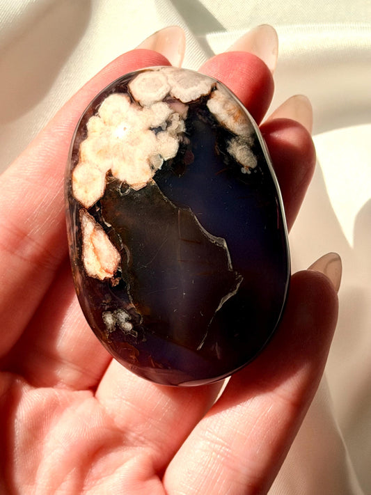 Blue Flower Agate Palm Stone | Natural Blue Flower Agate Crystal | Healing Crystal for Calm & Growth | Meditation Worry Stone
