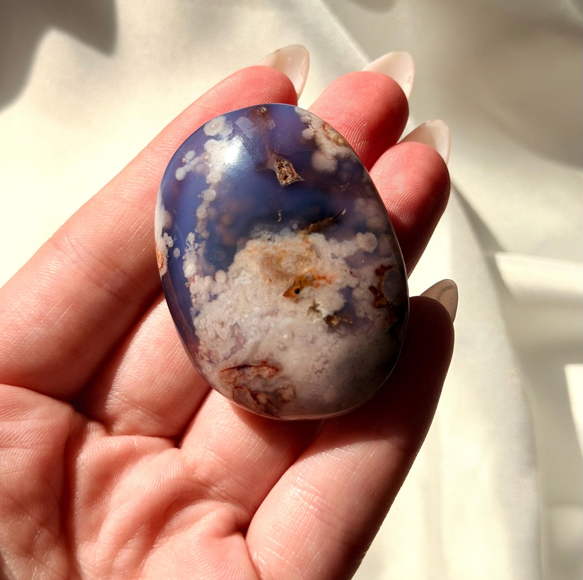 Blue Flower Agate Palm Stone | Natural Blue Flower Agate Crystal | Healing Crystal for Calm & Growth | Meditation Worry Stone
