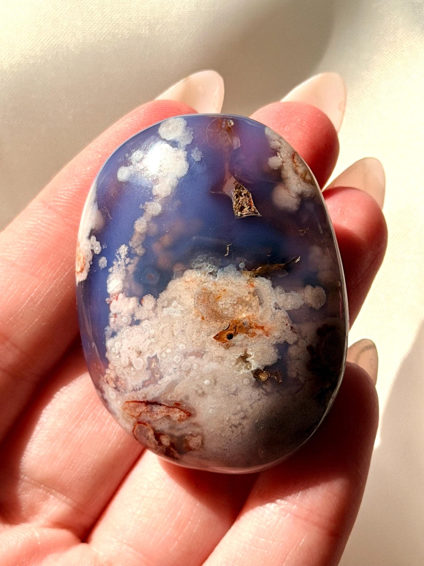 Blue Flower Agate Palm Stone | Natural Blue Flower Agate Crystal | Healing Crystal for Calm & Growth | Meditation Worry Stone