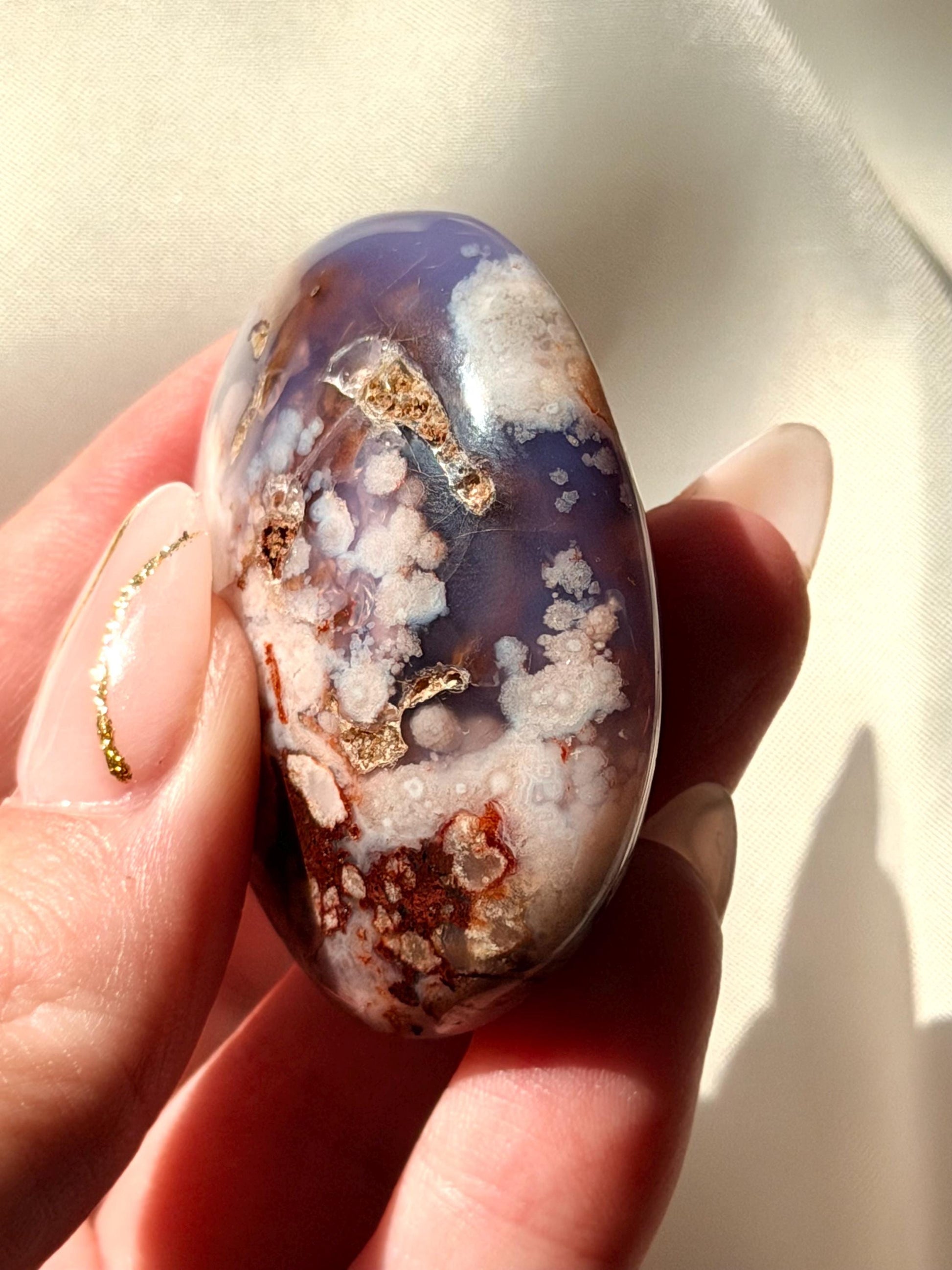 Blue Flower Agate Palm Stone | Natural Blue Flower Agate Crystal | Healing Crystal for Calm & Growth | Meditation Worry Stone