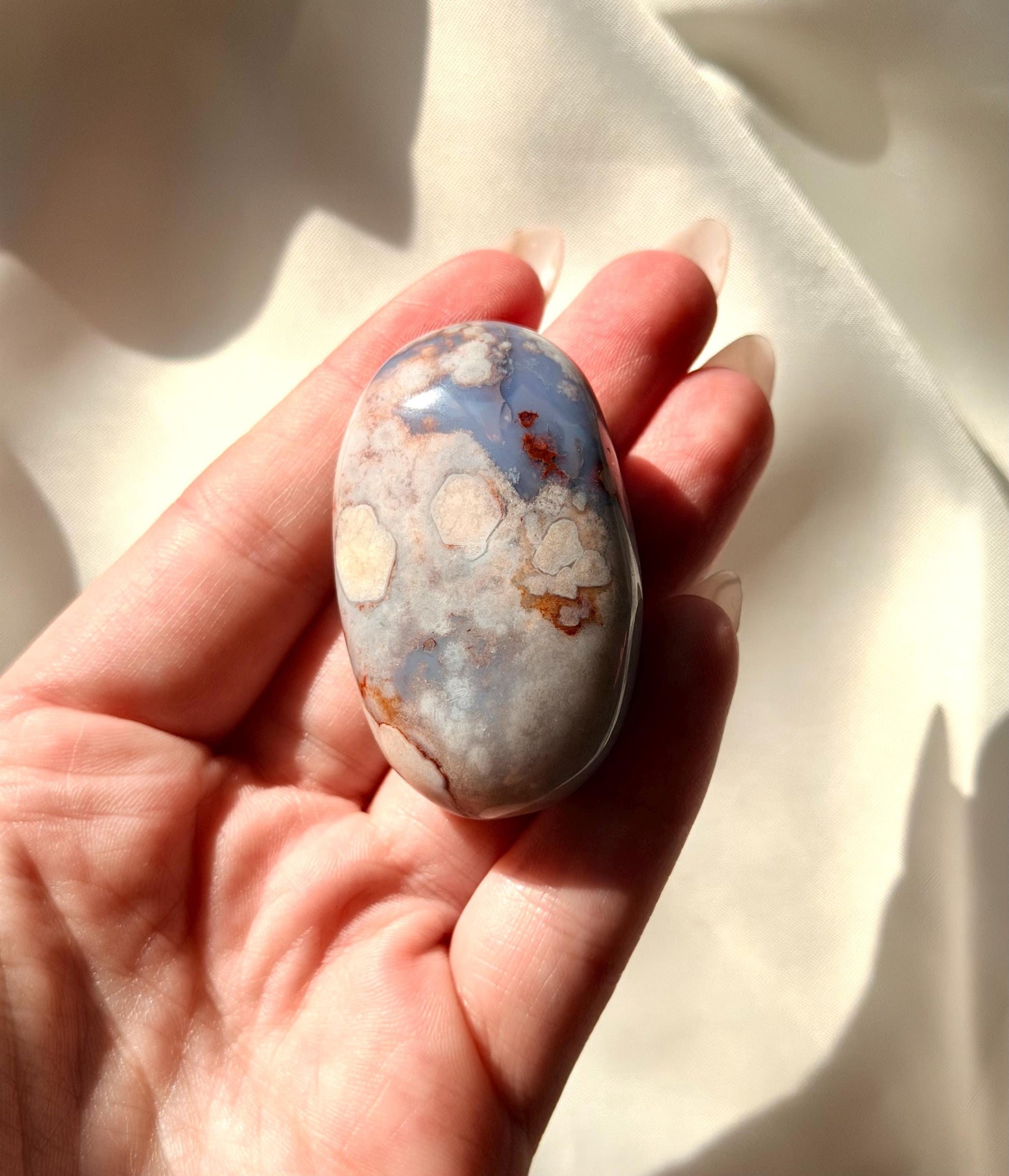 Blue Flower Agate Palm Stone | Natural Blue Flower Agate Crystal | Healing Crystal for Calm & Growth | Meditation Worry Stone