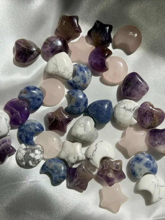 Mini Crystal Carvings | Hearts Moons Stars | Amethyst Rose Quartz Sodalite & Howlite | Pocket Crystal Gift