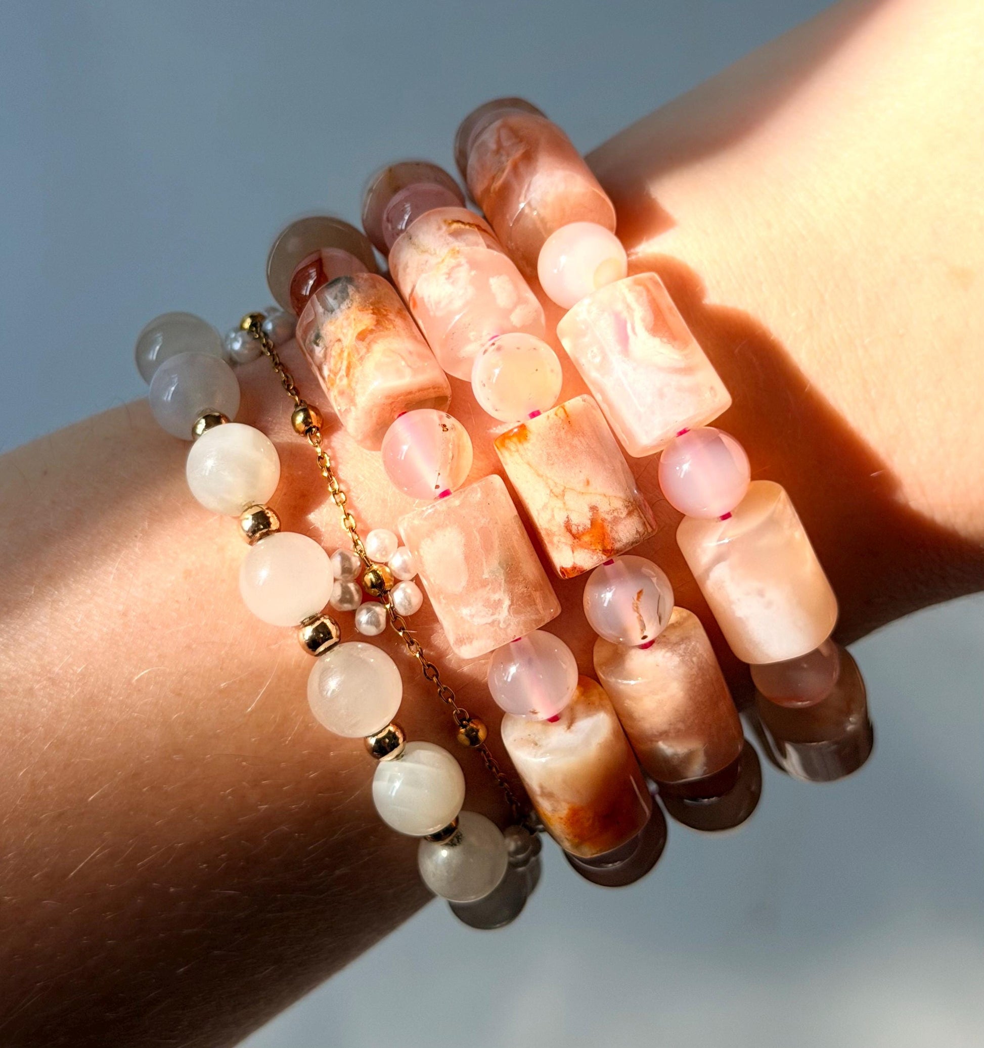 Flower Agate Bracelet | Unique Cylinder Bead Crystal Bracelet | Pink Gemstone Stretch Bracelet | Healing Crystal Gift for Her