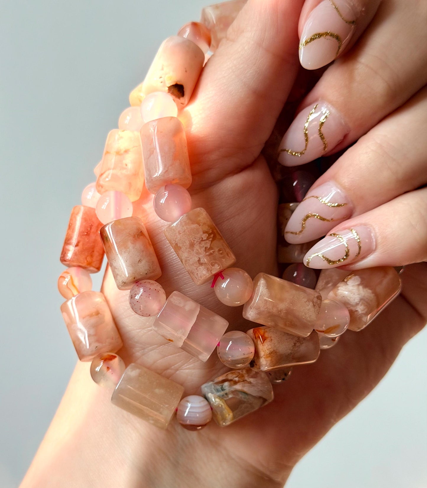 Flower Agate Bracelet | Unique Cylinder Bead Crystal Bracelet | Pink Gemstone Stretch Bracelet | Healing Crystal Gift for Her