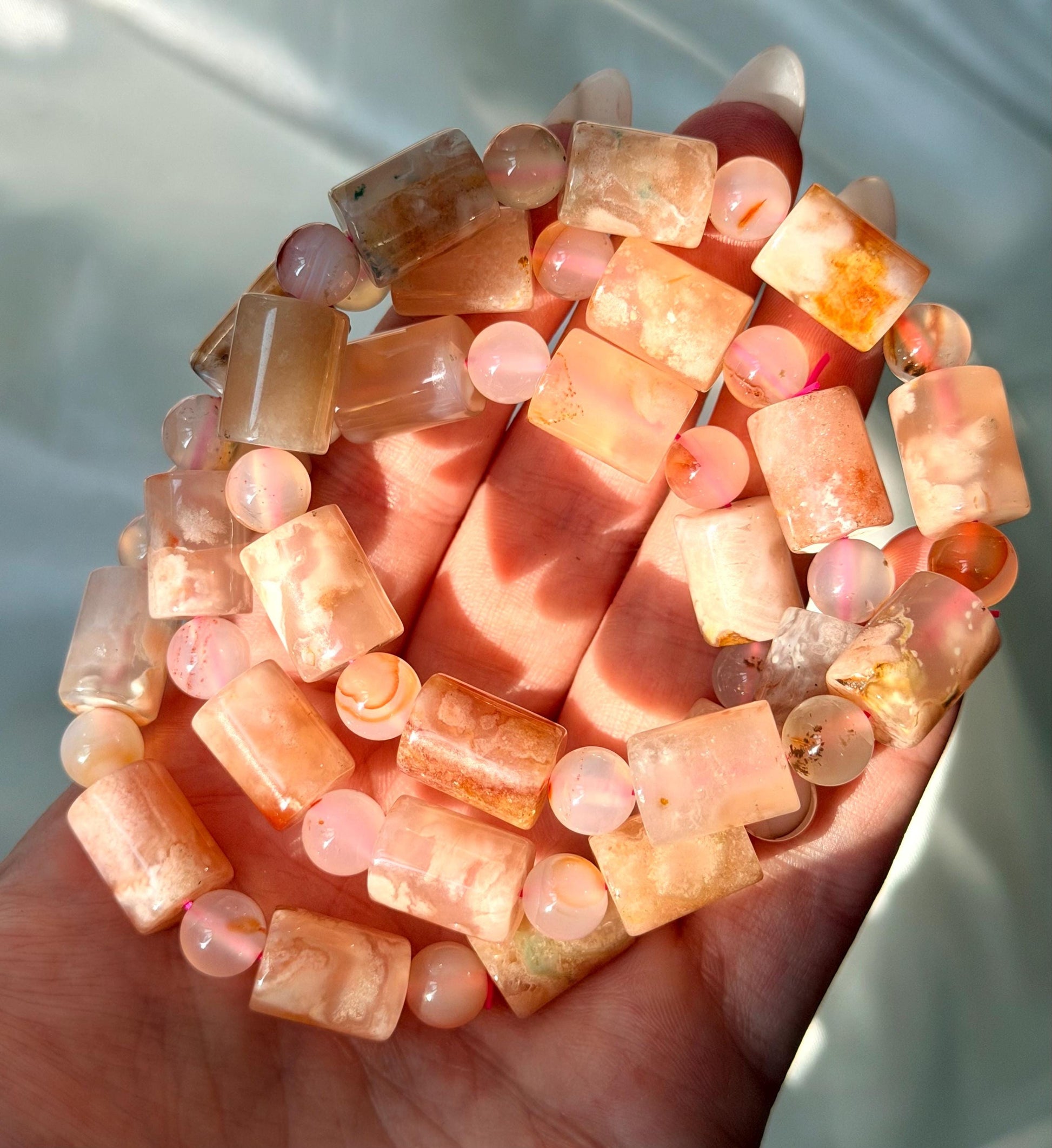 Flower Agate Bracelet | Unique Cylinder Bead Crystal Bracelet | Pink Gemstone Stretch Bracelet | Healing Crystal Gift for Her
