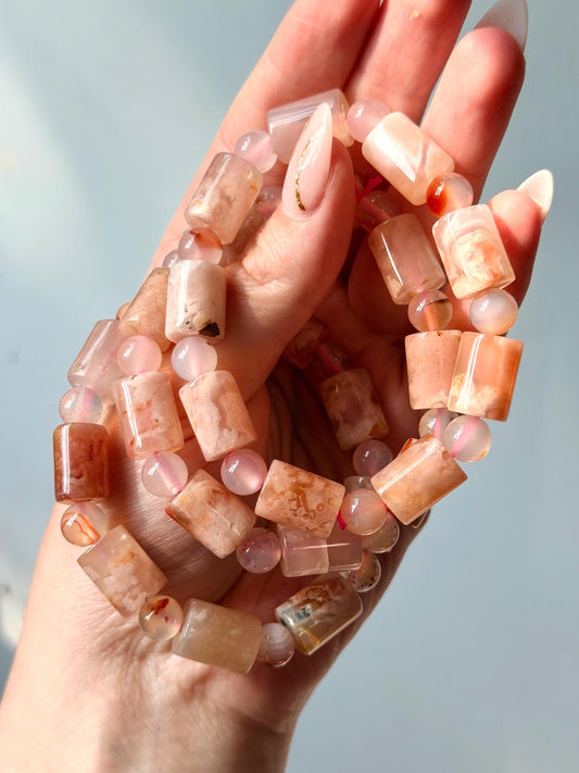 Flower Agate Bracelet | Unique Cylinder Bead Crystal Bracelet | Pink Gemstone Stretch Bracelet | Healing Crystal Gift for Her