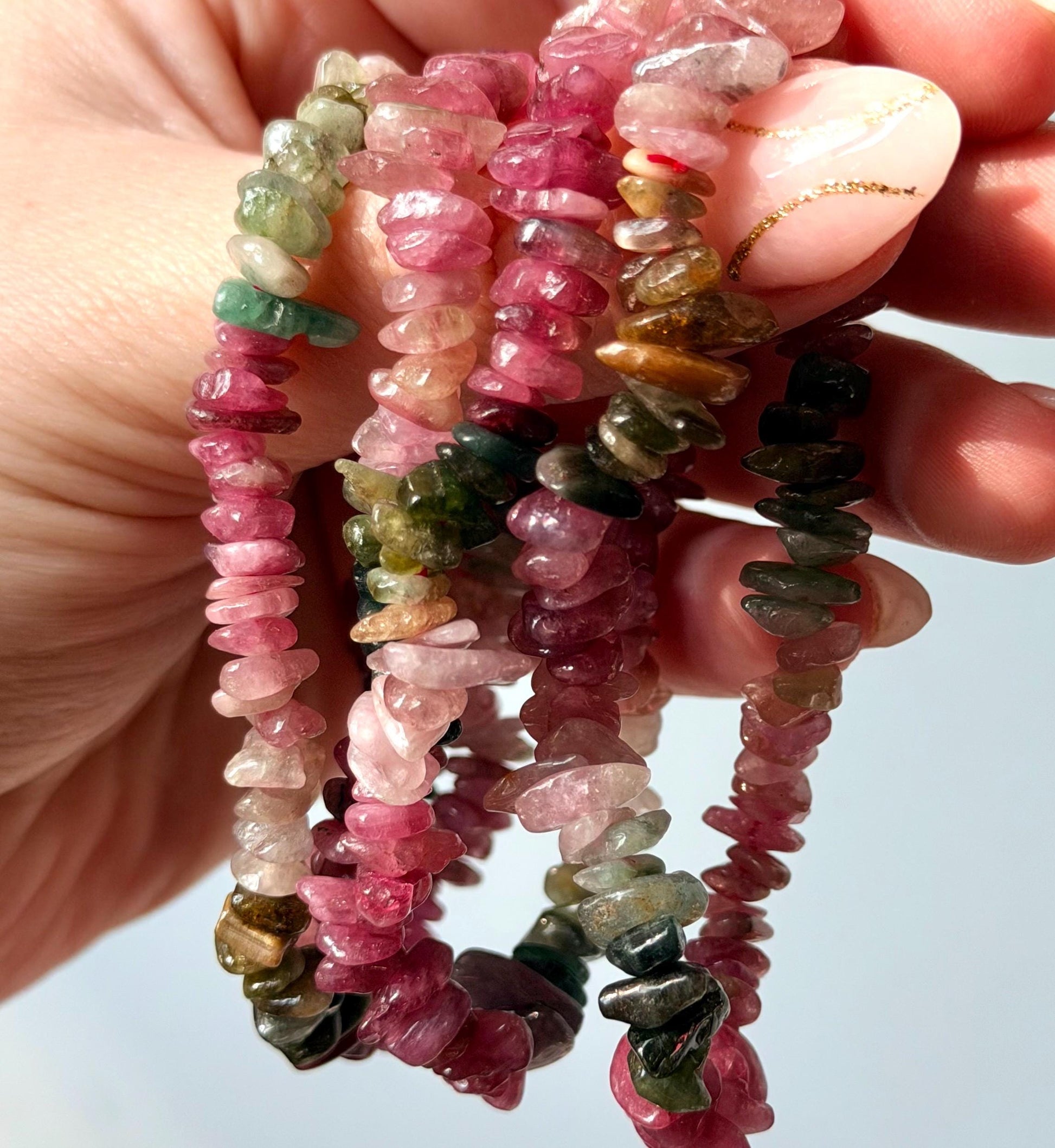 Watermelon Tourmaline Bracelet | Rainbow Tourmaline Chip Bracelet | Stretchy Bracelets