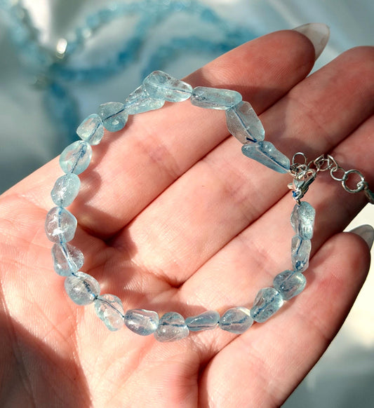 Adjustable Aquamarine Irregular Stone Bracelet | Aquamarine Bracelet with Lobster Clasp | Blue Crystal Bracelet