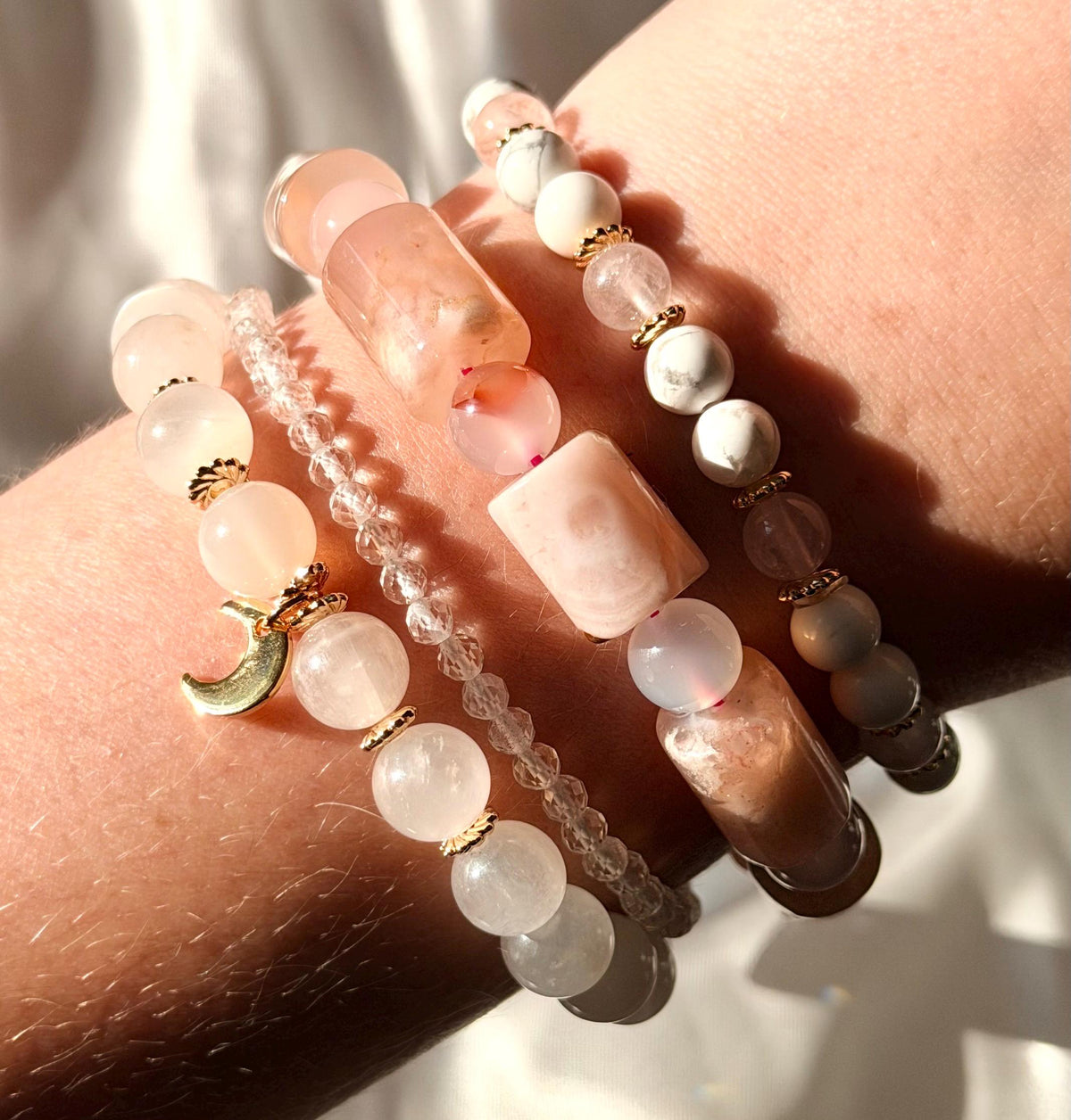 Moonstone Bracelet with Crescent Moon Charm | Gold Filled Accent Beads | Moonstone with Blue Flash | Beaded Moonstone Bracelet 8mm