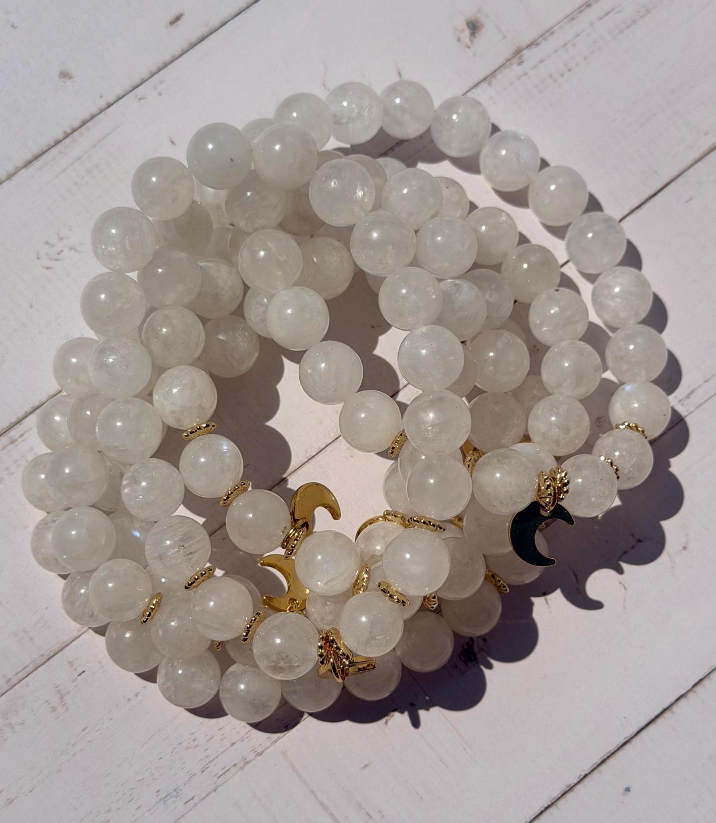 Moonstone Bracelet with Crescent Moon Charm | Gold Filled Accent Beads | Moonstone with Blue Flash | Beaded Moonstone Bracelet 8mm