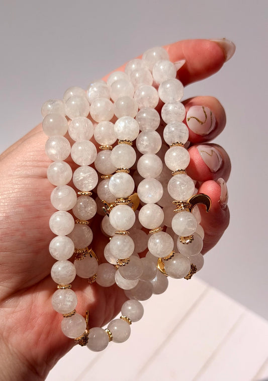 Moonstone Bracelet with Crescent Moon Charm | Gold Filled Accent Beads | Moonstone with Blue Flash | Beaded Moonstone Bracelet 8mm