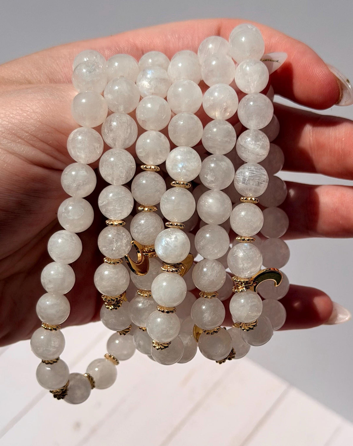 Moonstone Bracelet with Crescent Moon Charm | Gold Filled Accent Beads | Moonstone with Blue Flash | Beaded Moonstone Bracelet 8mm