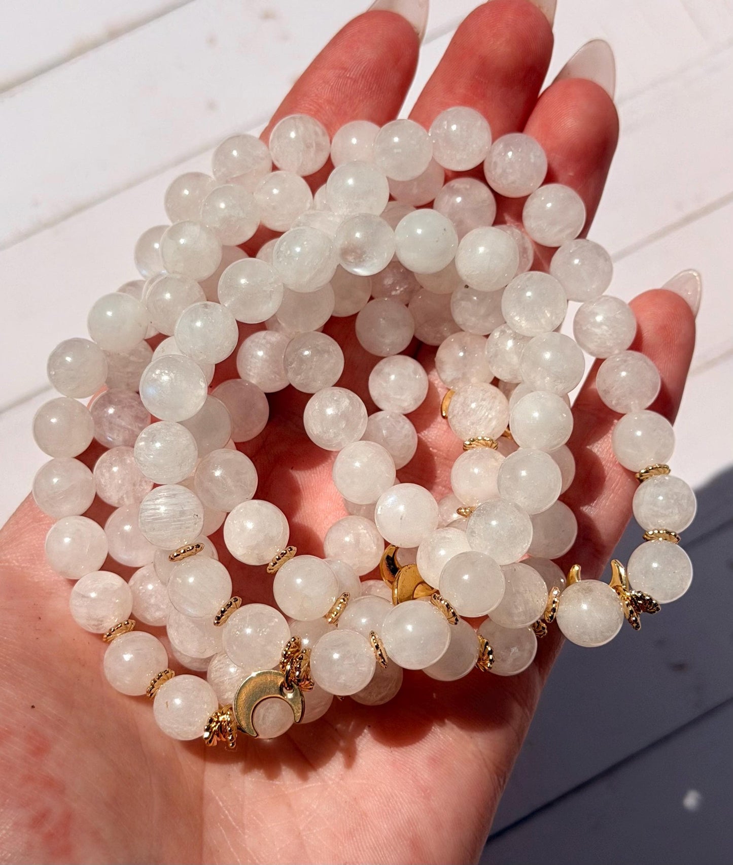 Moonstone Bracelet with Crescent Moon Charm | Gold Filled Accent Beads | Moonstone with Blue Flash | Beaded Moonstone Bracelet 8mm