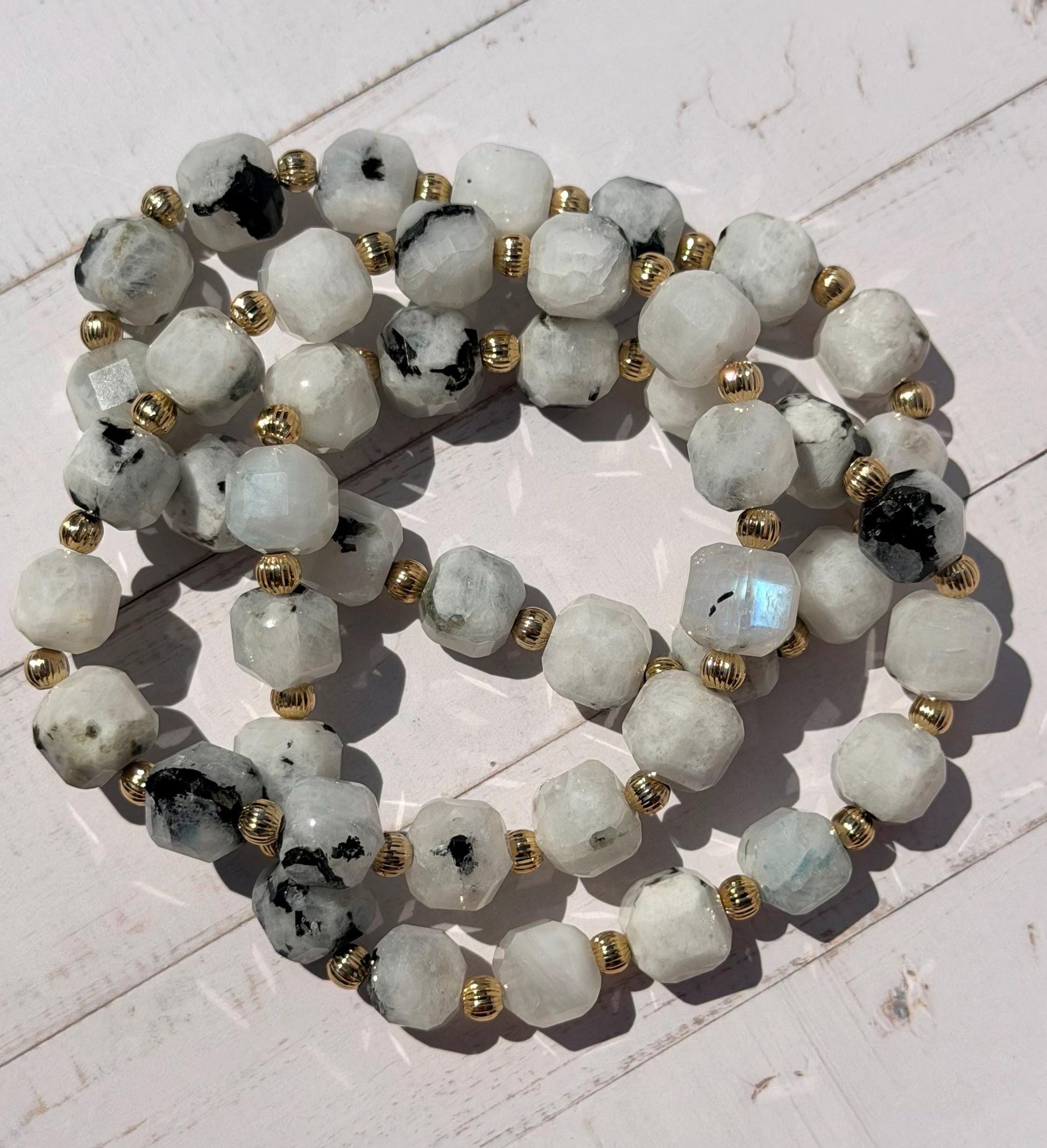 Moonstone Cube Bracelet with Gold Filled Accent Beads | Rainbow Moonstone Bracelet