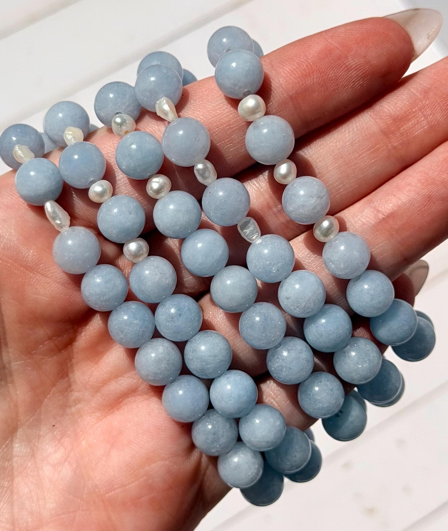 Aquamarine with Freshwater Pearls Beaded Bracelet | 8mm Aquamarine Bracelet | Aquamarine & Pearl Gemstone Bracelet