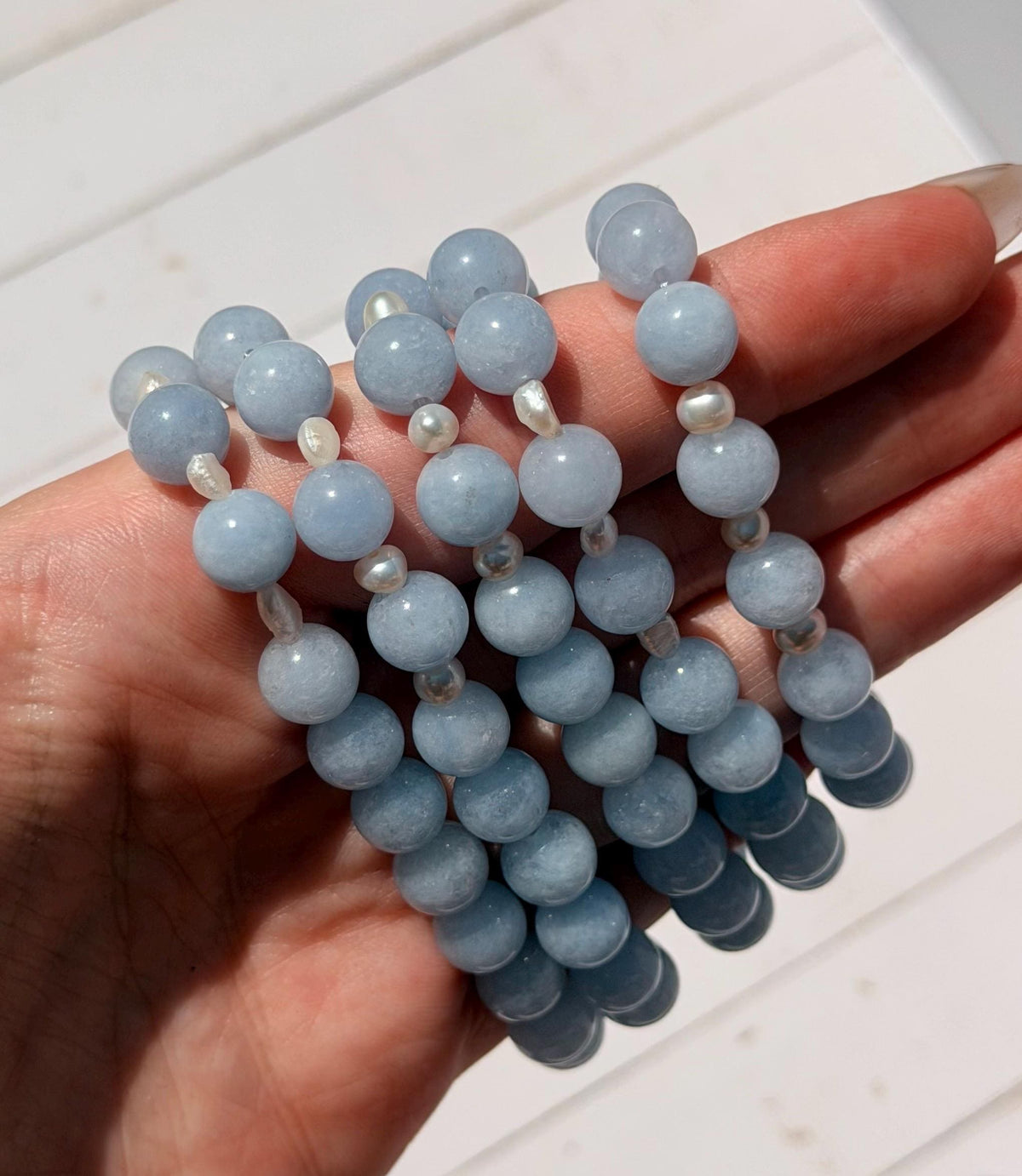 Aquamarine with Freshwater Pearls Beaded Bracelet | 8mm Aquamarine Bracelet | Aquamarine & Pearl Gemstone Bracelet