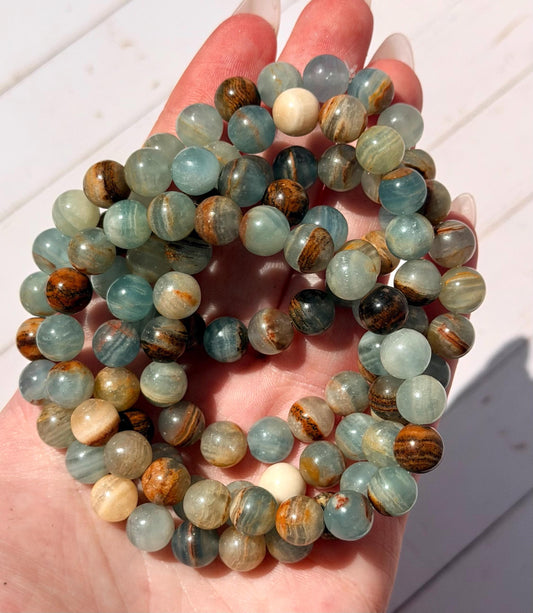 Blue Aquatine Calcite Beaded Bracelet | Blue Onyx Bracelet 8mm Blue Onyx Banded Blue Calcite Gemstone Bracelet