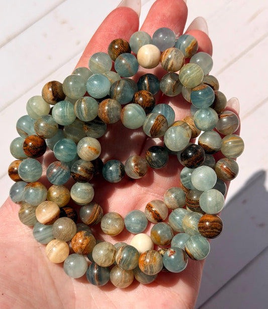 Blue Aquatine Calcite Beaded Bracelet | Blue Onyx Bracelet 8mm Blue Onyx Banded Blue Calcite Gemstone Bracelet