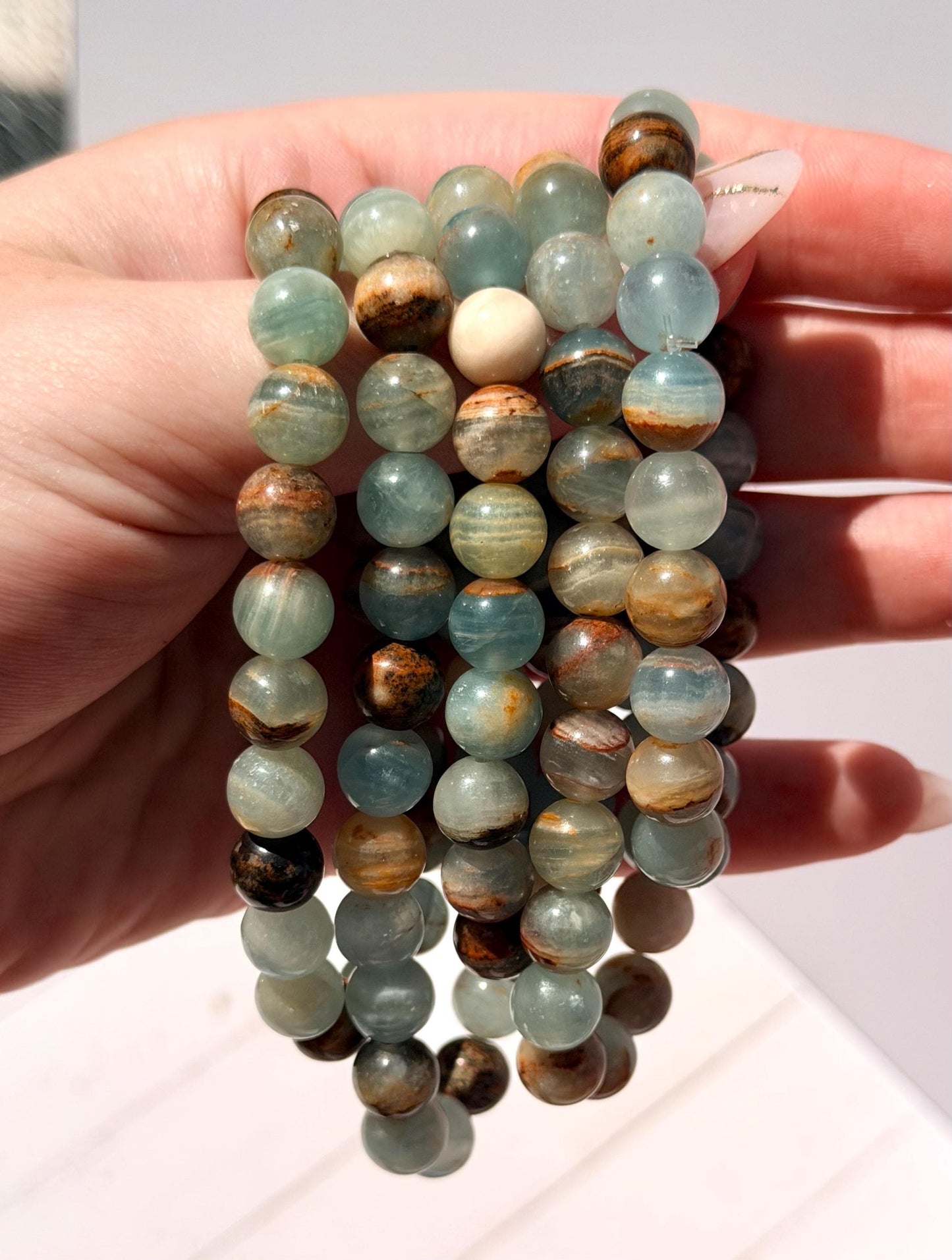 Blue Aquatine Calcite Beaded Bracelet | Blue Onyx Bracelet 8mm Blue Onyx Banded Blue Calcite Gemstone Bracelet