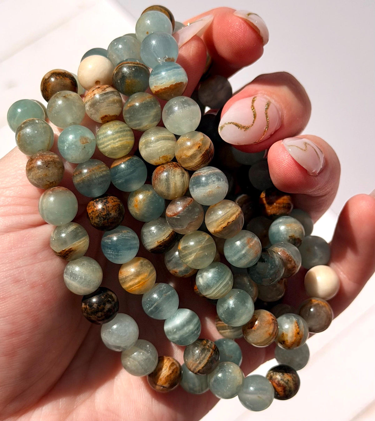 Blue Aquatine Calcite Beaded Bracelet | Blue Onyx Bracelet 8mm Blue Onyx Banded Blue Calcite Gemstone Bracelet