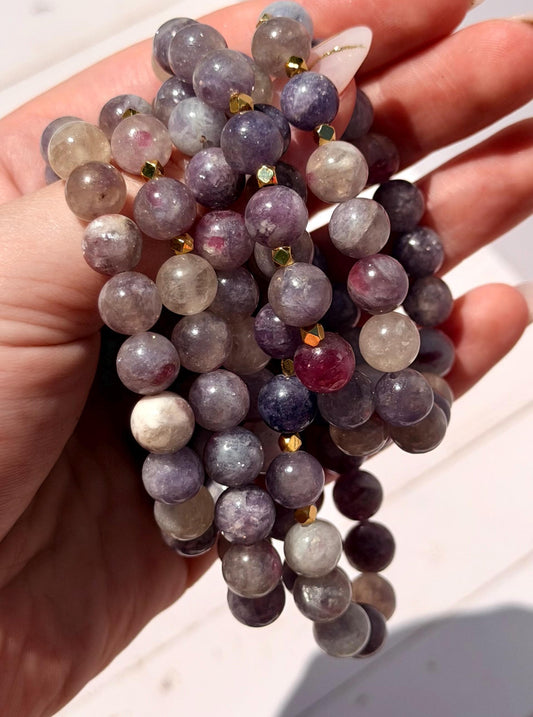 Lepidolite and Pink Tourmaline Bracelet | Lepidolite Bracelet with Gold Filled Accent Beads | Gemstone Bracelet