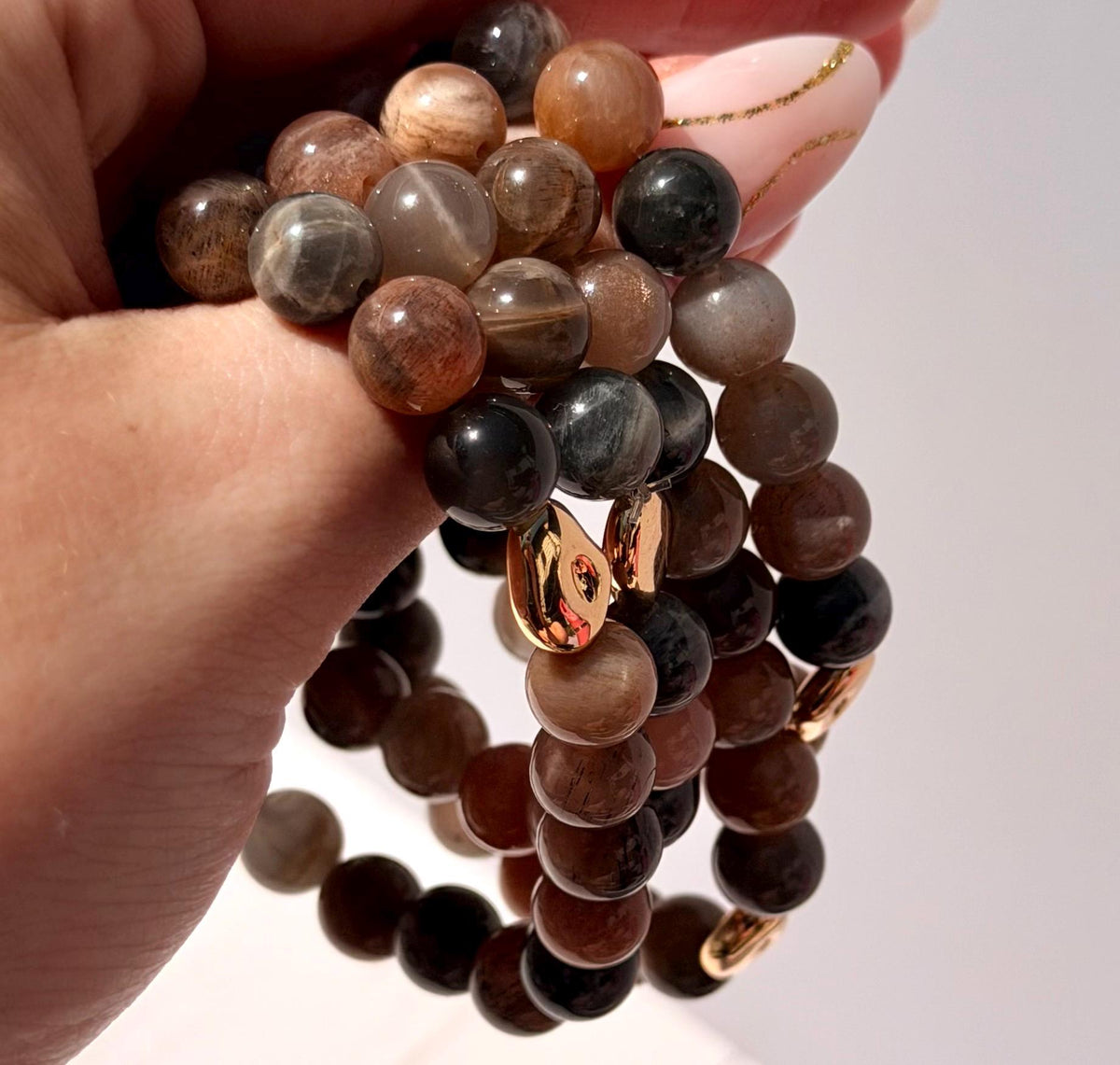 Chocolate Moonstone with Sunstone Bracelet with Gold Plated Accents | 8mm Chocolate Moonstone Bracelet