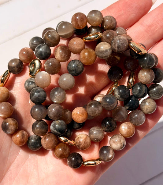 Chocolate Moonstone with Sunstone Bracelet with Gold Plated Accents | 8mm Chocolate Moonstone Bracelet