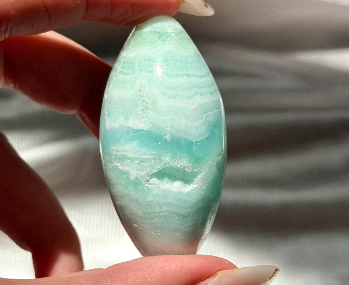 Caribbean Calcite Palm Stone | Caribbean Calcite Egg | Polished Egg Stone | Worry Stone | Blue Calcite Lingham