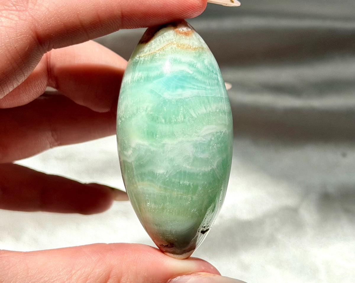 Caribbean Calcite Palm Stone | Caribbean Calcite Egg | Polished Egg Stone | Worry Stone | Blue Calcite Lingham