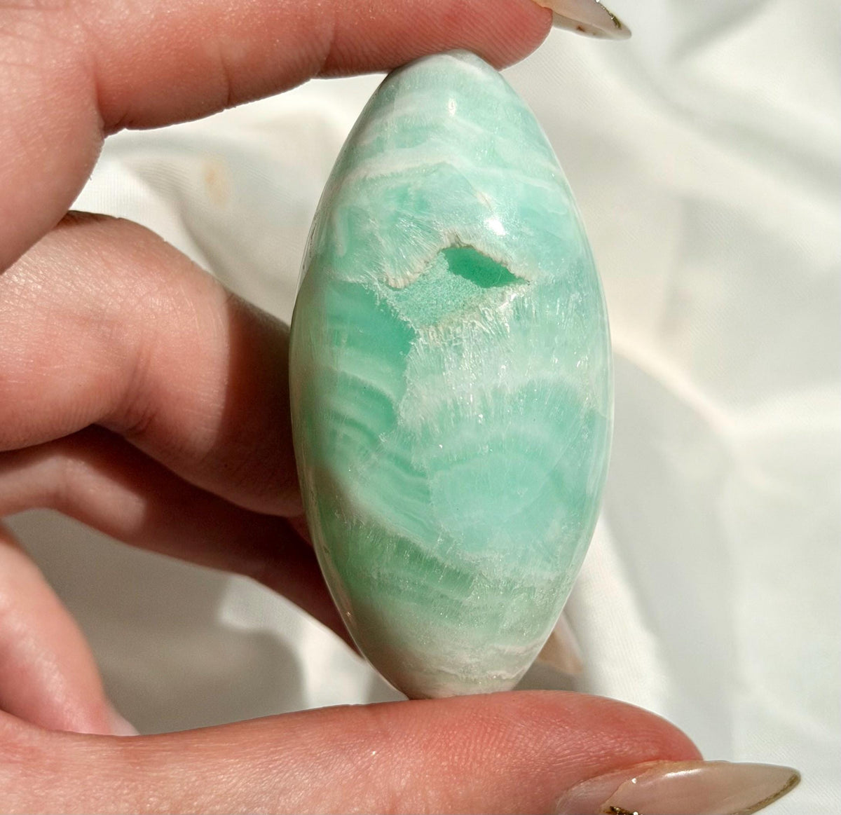 Caribbean Calcite Palm Stone | Caribbean Calcite Egg | Polished Egg Stone | Worry Stone | Blue Calcite Lingham