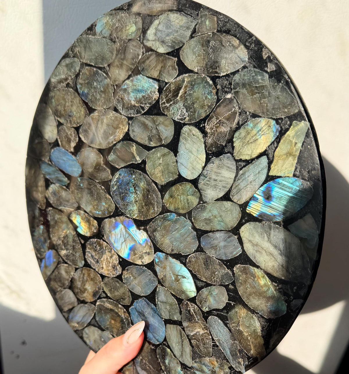 Natural Labradorite Mosaic Tray | Gemstone Inlay Plate Crystal Catchall Dish | Labradorite Stone Decor, Decorative Display Tray