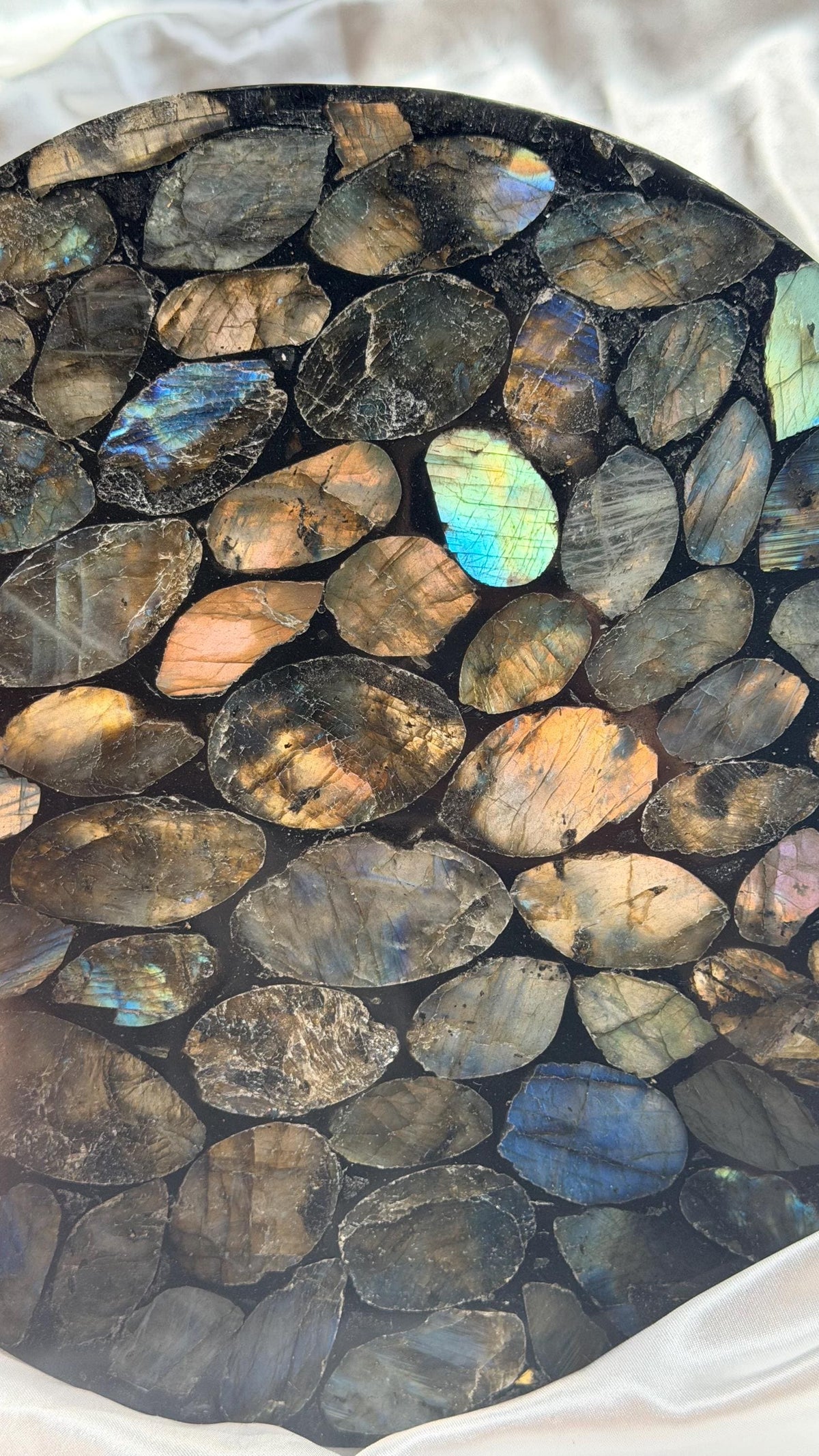 Natural Labradorite Mosaic Tray | Gemstone Inlay Plate Crystal Catchall Dish | Labradorite Stone Decor, Decorative Display Tray