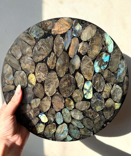 Natural Labradorite Mosaic Tray | Gemstone Inlay Plate Crystal Catchall Dish | Labradorite Stone Decor, Decorative Display Tray