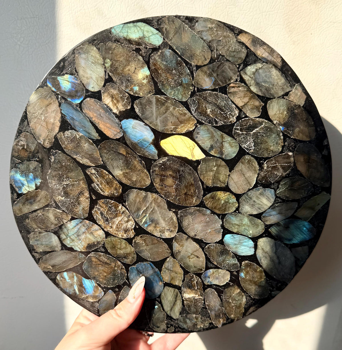 Natural Labradorite Mosaic Tray | Gemstone Inlay Plate Crystal Catchall Dish | Labradorite Stone Decor, Decorative Display Tray