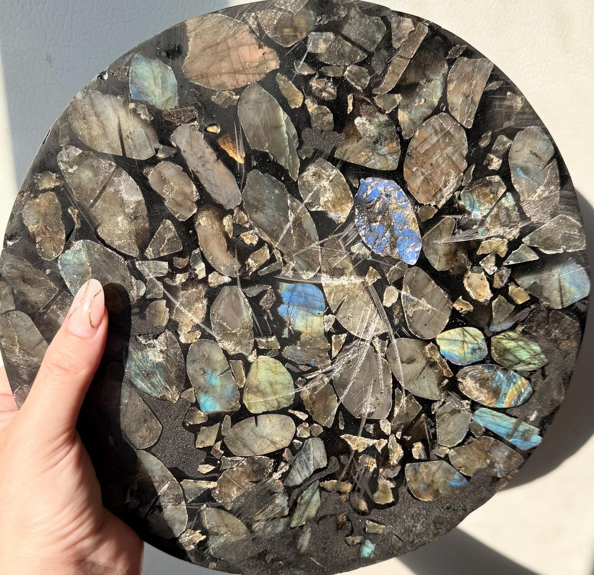 Natural Labradorite Mosaic Tray | Gemstone Inlay Plate Crystal Catchall Dish | Labradorite Stone Decor, Decorative Display Tray