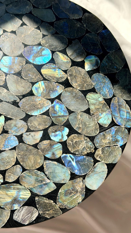 Natural Labradorite Mosaic Tray | Gemstone Inlay Plate Crystal Catchall Dish | Labradorite Stone Decor, Decorative Display Tray