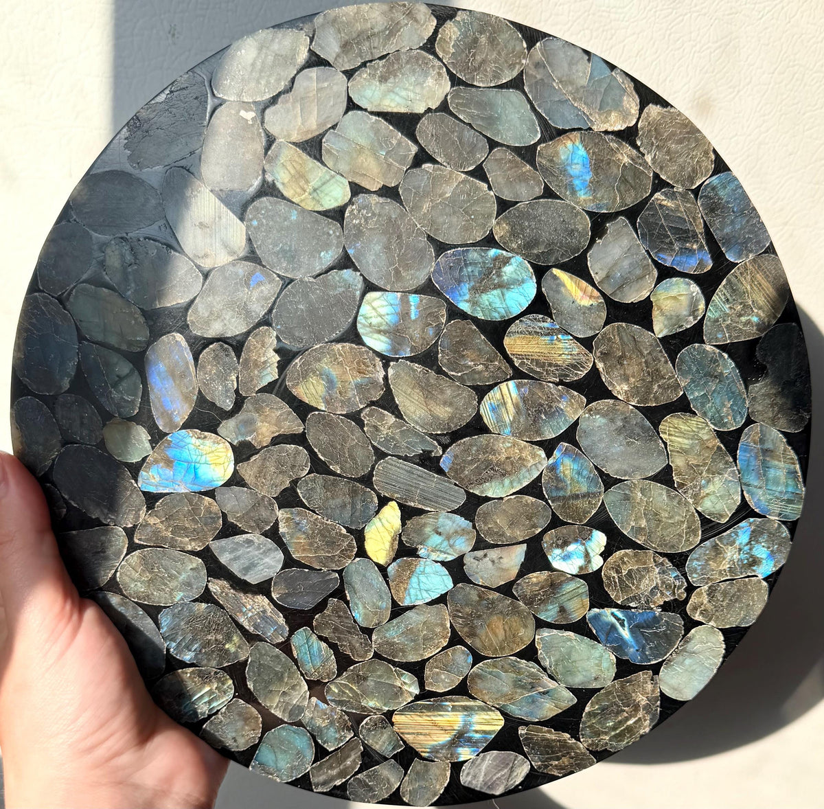 Natural Labradorite Mosaic Tray | Gemstone Inlay Plate Crystal Catchall Dish | Labradorite Stone Decor, Decorative Display Tray
