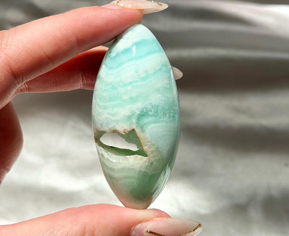 Caribbean Calcite Palm Stone | Caribbean Calcite Egg | Polished Egg Stone | Worry Stone | Blue Calcite Lingham