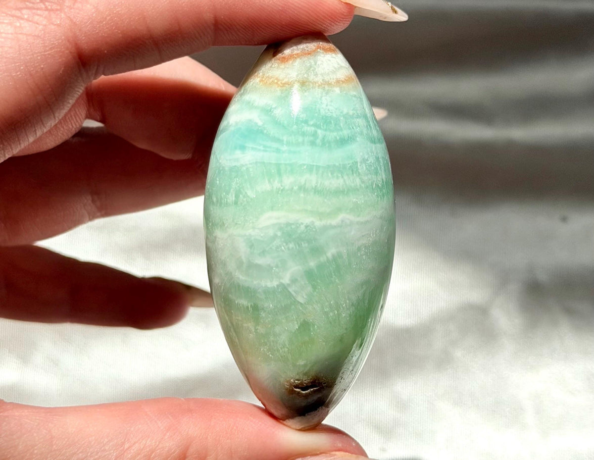 Caribbean Calcite Palm Stone | Caribbean Calcite Egg | Polished Egg Stone | Worry Stone | Blue Calcite Lingham